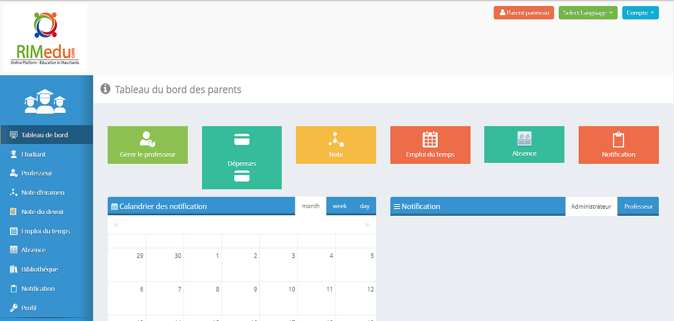 Tableau de bord parent