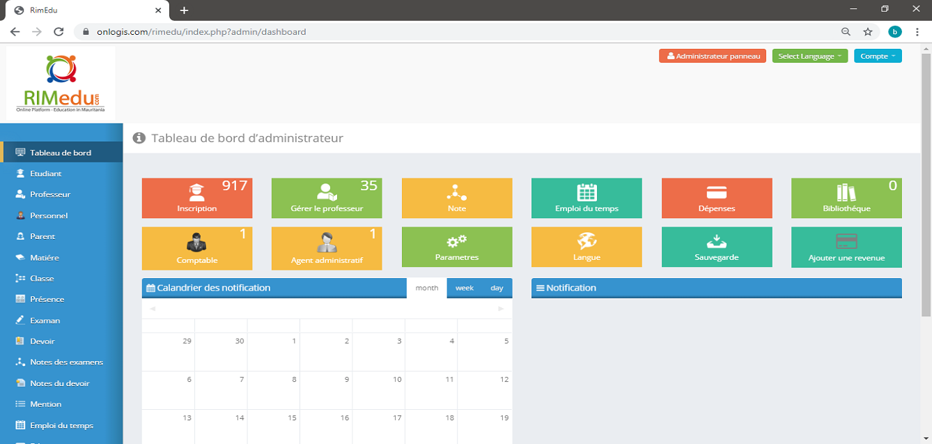 Tableau de bord administration